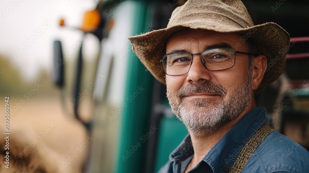 Portrait of a smiling middle-aged farmer wearing a straw hat and glasses against a blurred agricultural machinery background