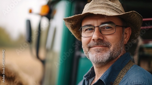 Obraz na płótnie Portrait of a smiling middle-aged farmer wearing a straw hat and glasses against a blurred agricultural machinery background w salonie