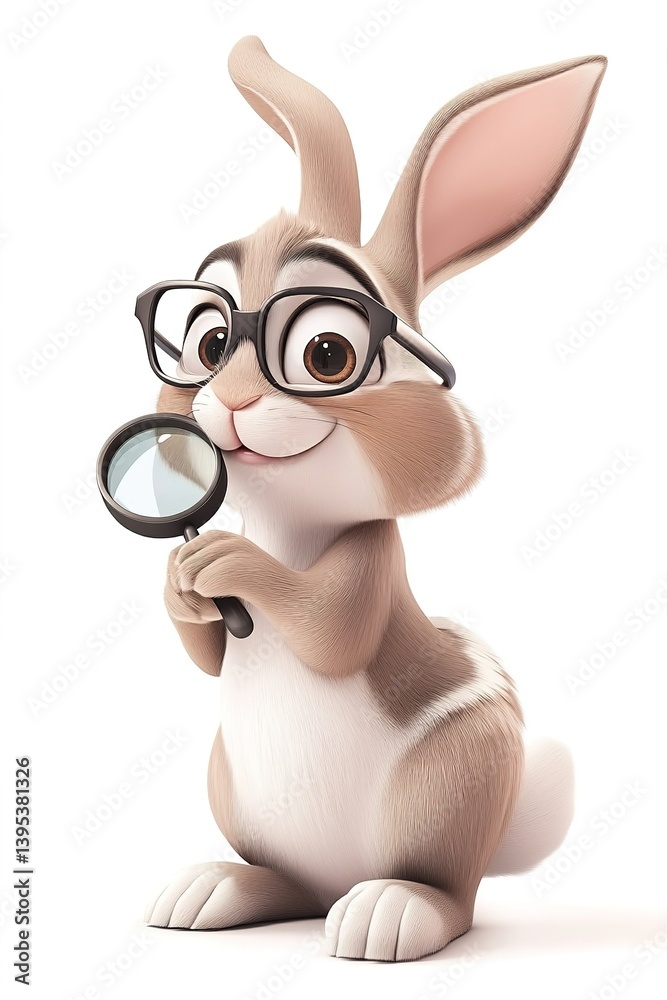 Funny animated rabbit wearing glasses examining something through a magnifying glass against a white background