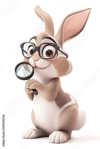 Obraz na płótnie Funny animated rabbit wearing glasses examining something through a magnifying glass against a white background w salonie