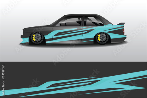 Sleek modified car with dynamic blue graphics parked against a minimalist background