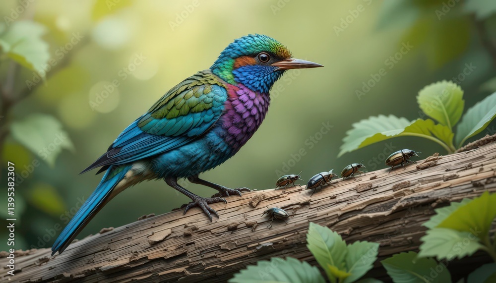 Fototapeta premium European Roller Perched Detailed Illustration of a Roller Bird Hunting Beetles in Natural Habitat.