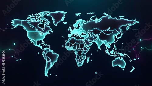 World Map Glowing Outline on Dark Background Showing Global Connections