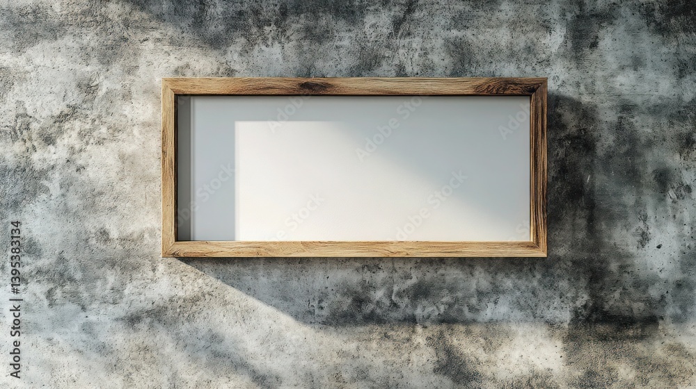 A minimalist empty wooden frame with clean lines, suspended on a textured concrete wall, capturing the modern simplicity and sophistication of its design.