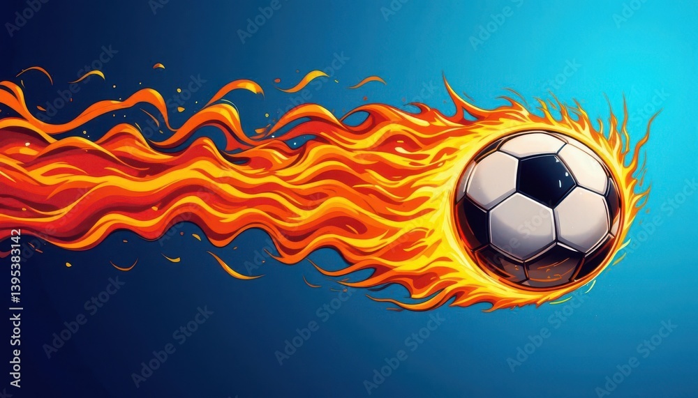Naklejka premium Cartoon Burning Soccer Ball Bold Colors and Dynamic Lines Against a Smooth Blue Gradient