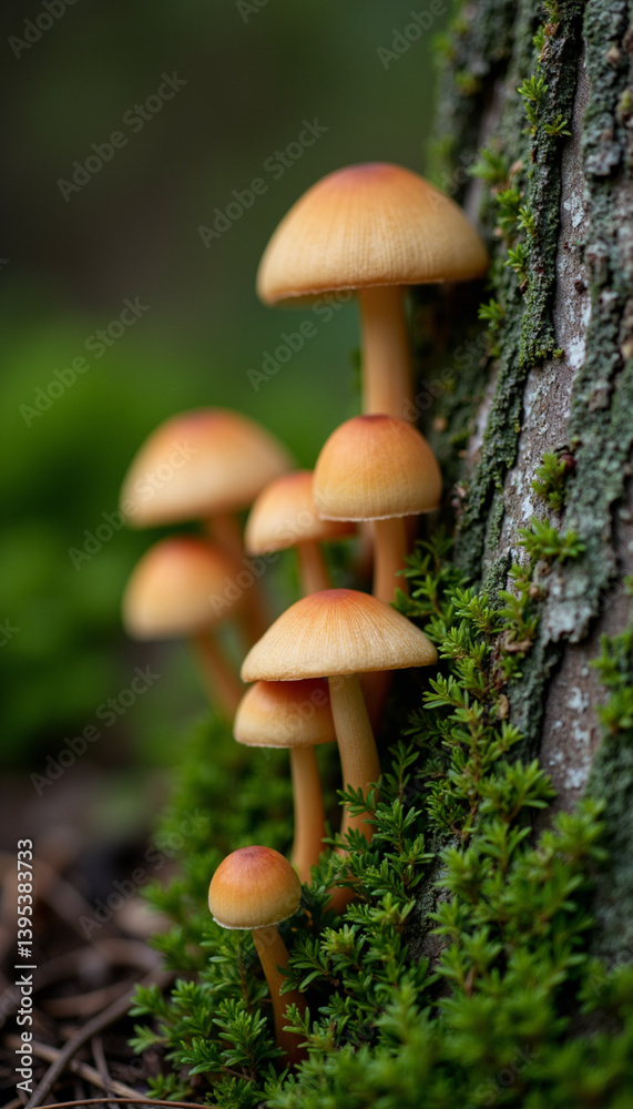 Mushrooms growing on a tree trunk surrounded by green moss in a forest environment