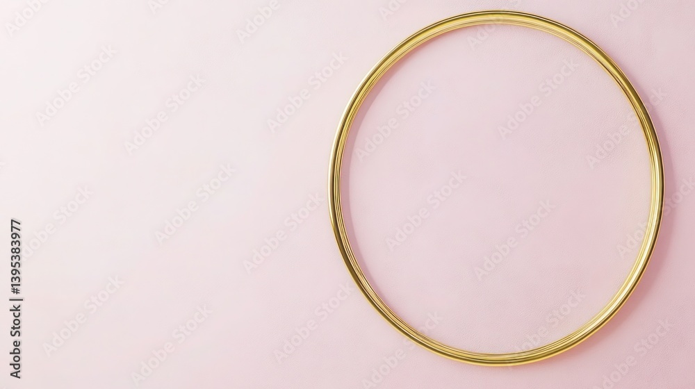 A minimalist gold frame, circular and thin, positioned high on a blush pink wall, blending luxury with simplicity.