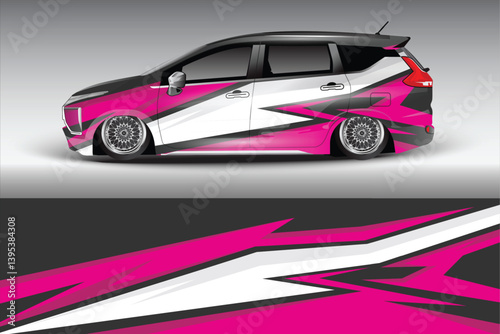 Stylishly modified car with vibrant graphics parked against a sleek gradient background