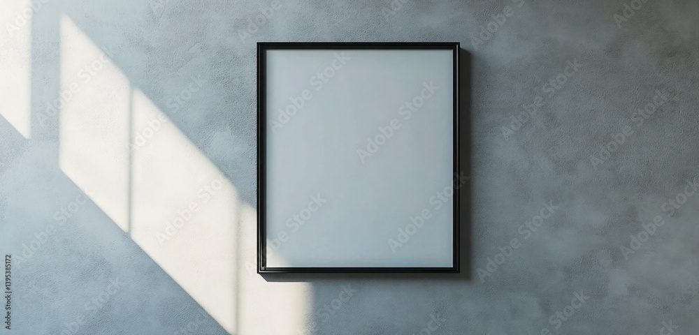 A minimalistic black metal square frame, positioned high on a soft gray wall, radiating industrial elegance.