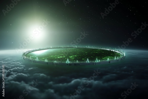 Circular ring of solar sails rotating around greenblue exoplanet, 3D illustration photo