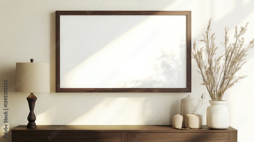A minimalistic rectangular frame made of dark walnut wood, centrally positioned on a cream-colored wall, exuding warmth and timeless elegance.