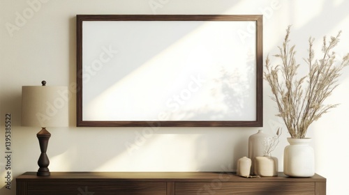 A minimalistic rectangular frame made of dark walnut wood, centrally positioned on a cream-colored wall, exuding warmth and timeless elegance.