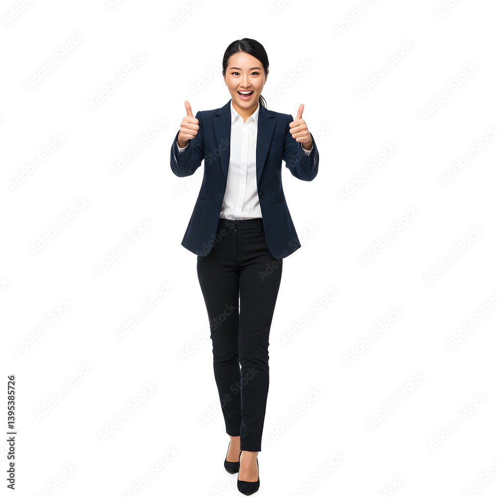 Friendly Female Team Leader Giving Thumbs Up, Full Body View, White Background Friendly Female Team Leader Giving Thumbs Up, Full Body View, White Background