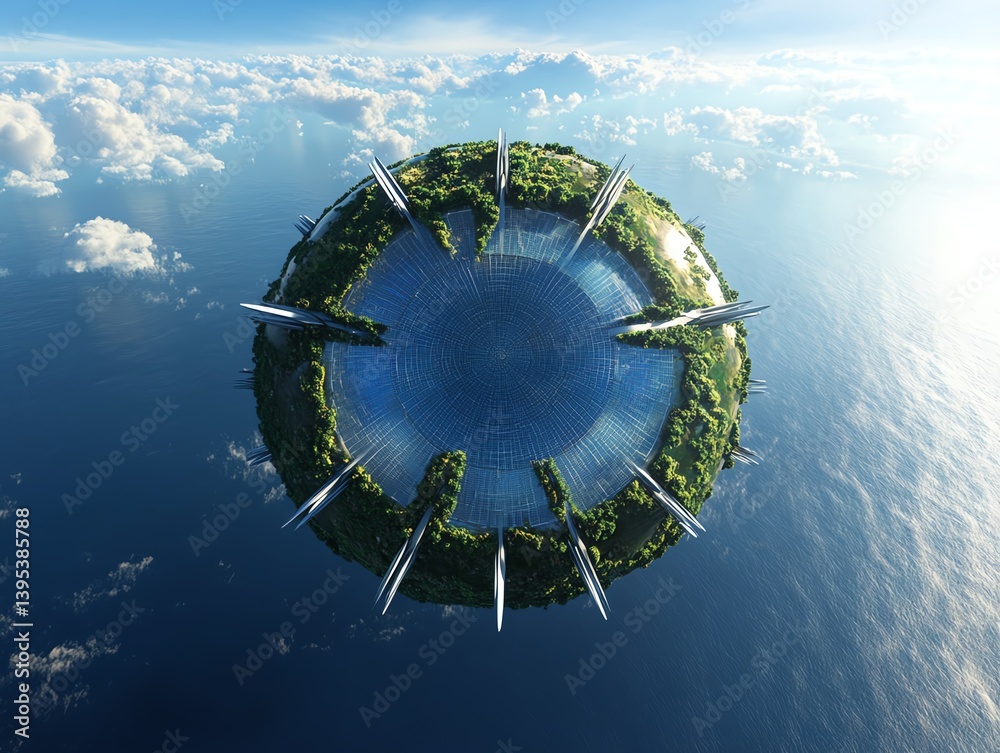 Fototapeta premium Planet with equator made of turbine blades, poles formed from solar arrays