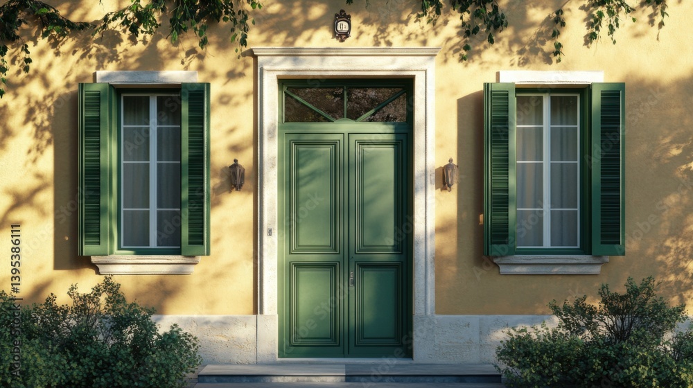 Fototapeta premium Green Door and Shutters on Yellow House