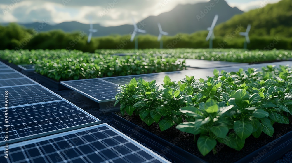 Fototapeta premium Rooftop garden with solar integration and adjacent wind units, green innovation, 3D illustration