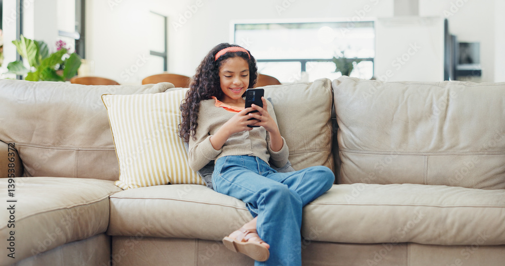 Home, child and girl with smartphone for game, streaming online and watching video on social media. Sofa, female person and kid with mobile for application, digital reel and relax with smile on couch Home, child and girl with smartphone for game, streaming online and watching video on social media. Sofa, female person and kid with mobile for application, digital reel and relax with smile on couch