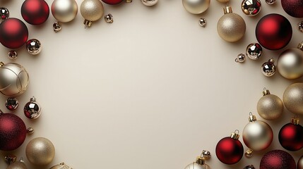 Christmas scene with red and gold ornaments arranged in a corner on a light background. Festive holiday decoration concept with shiny baubles.