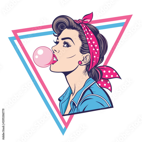 Create a vector illustration of a vintage pin-up girl, utilizing bold, graphic lines and strong color contrasts.  Style should be retro and eye-catching.