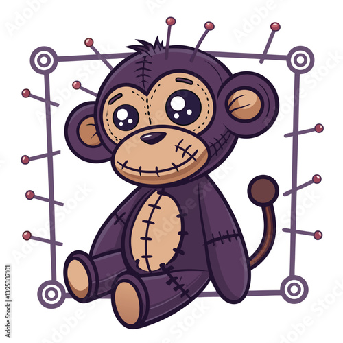 Create a bold, vector illustration of a voodoo monkey holding a symbol of Pi (π).  Stylize with vibrant colors and thick outlines.