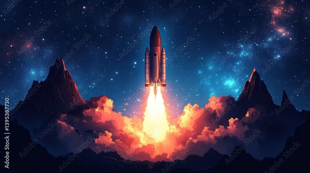 Rocket launching into space at night, amidst mountains and clouds. Rocket launching into space at night, amidst mountains and clouds.