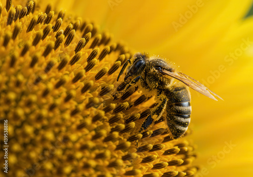 Macro image of bee on vibrant yellow sunflower collecting pollen in bright natural light with detailed insect focus and closeup floral bloom in nature photography style