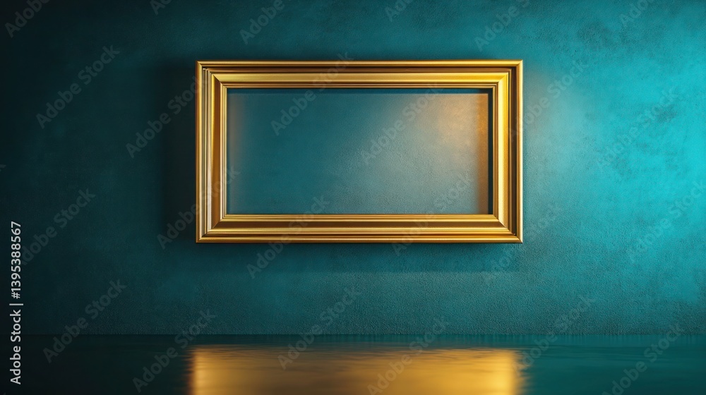 A narrow gold rectangular frame placed at eye level on a glossy teal wall, with soft lighting casting a warm glow around it, emphasizing elegance.