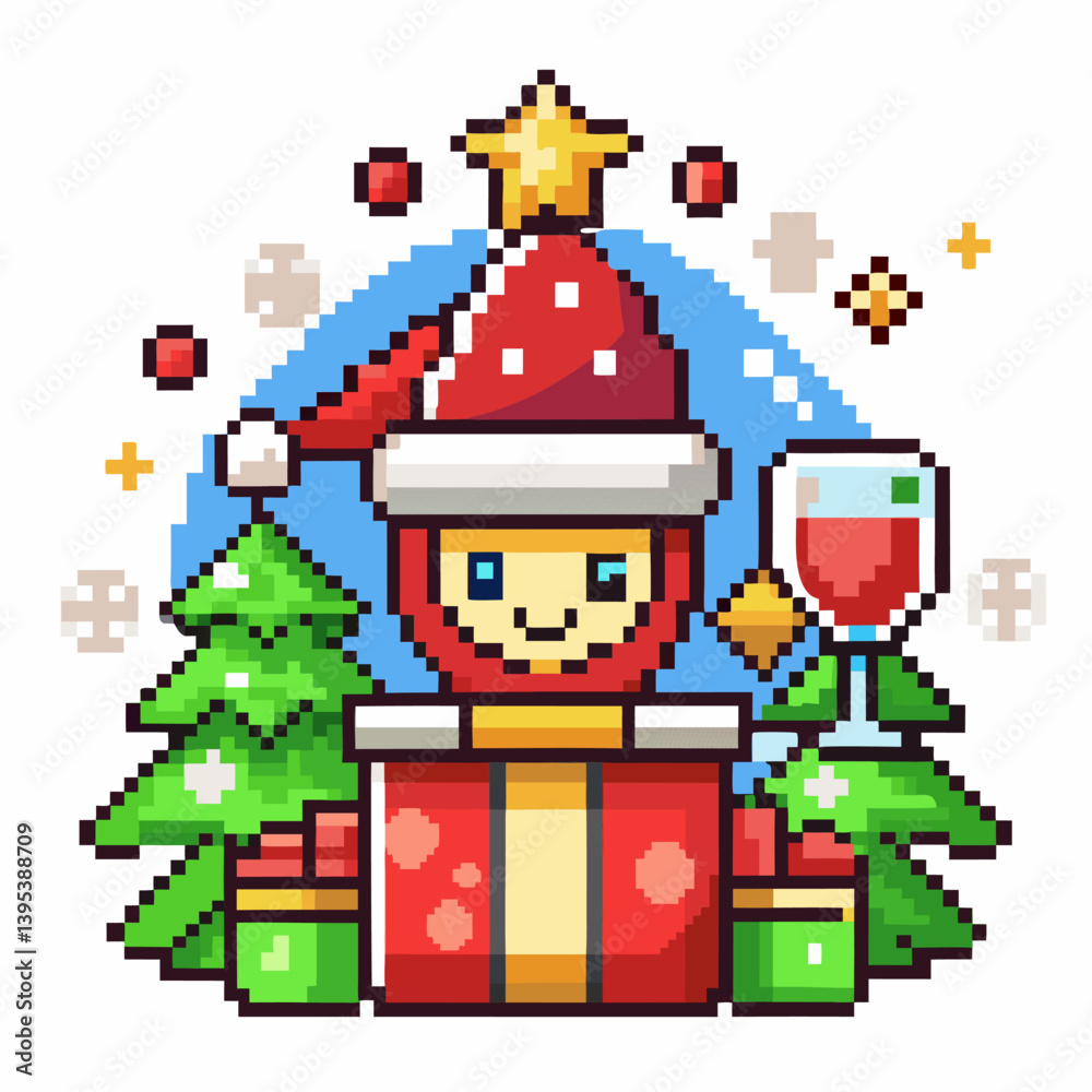 Pixel Art Christmas Celebrations with Santa Hat, Gifts, and Festive Decor Pixel Art Christmas Celebrations with Santa Hat, Gifts, and Festive Decor