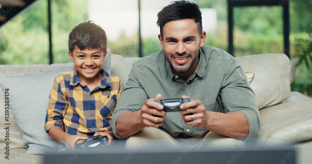 Boy, father and happy on sofa with video game, controller and contest with bonding, love and care in home. People, dad and child with console for challenge, competition and excited in family house Boy, father and happy on sofa with video game, controller and contest with bonding, love and care in home. People, dad and child with console for challenge, competition and excited in family house