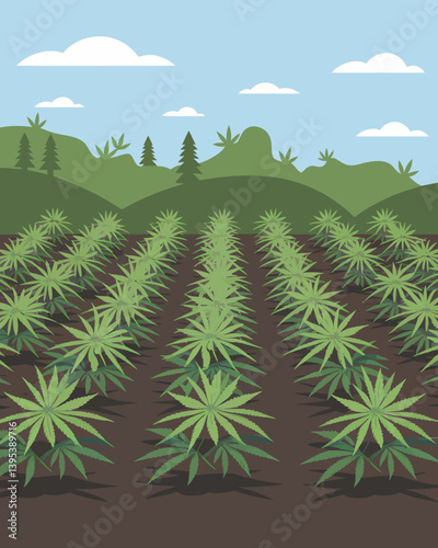 Flat Design Cannabis Field Illustration with Green Hills and Cloudy Sky