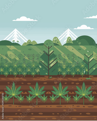 Cannabis field with mountains, landscape illustration