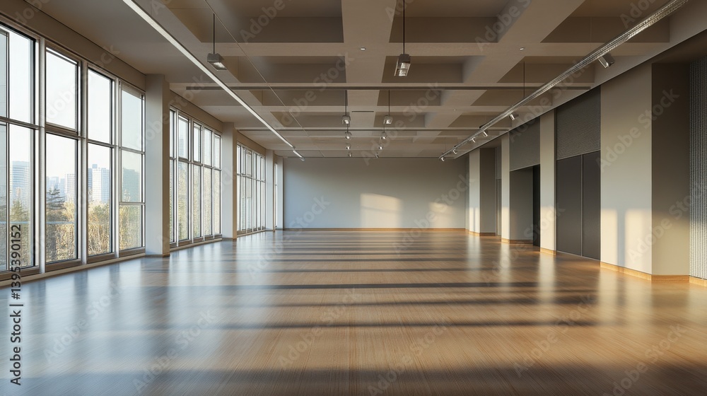 Empty Modern Office Space with Large Windows and Sunlight Empty Modern Office Space with Large Windows and Sunlight