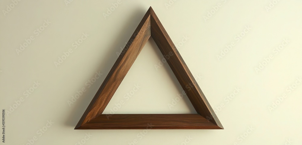 A narrow triangular wooden frame with dark walnut finish, hanging mid-level on a cream wall, adding a unique geometric flair.