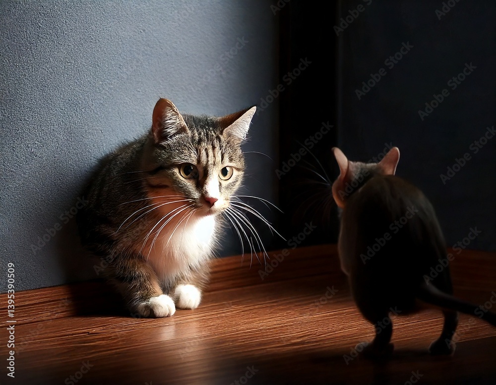 Naklejka premium a mouse when faced with a cat that is hunting it.