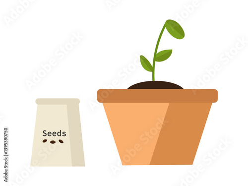 Set of sprouts in a pot and a bag of seeds