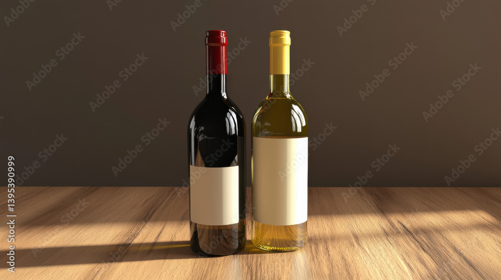 Fototapeta premium Two wine bottles, one red and one white, elegantly displayed on a wooden table, showcasing minimalist design.