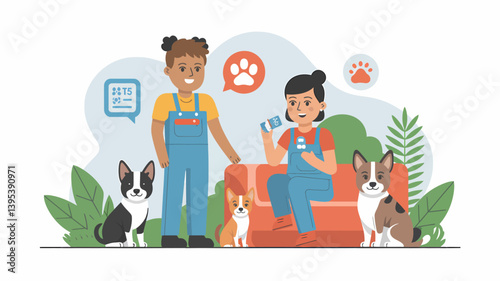 Smiling Dog Groomers with Dogs at Veterinary Clinic, Pet Appointment Booking