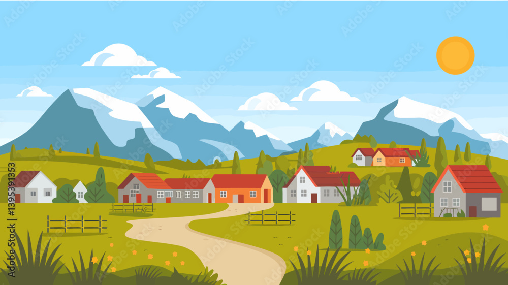 Fototapeta premium Idyllic Mountain Village Landscape with Charming Houses and a Winding Path