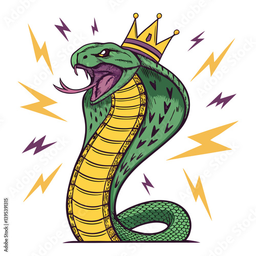 Create a detailed hand-drawn vector illustration of a cobra, hood fully flared, displaying a regal crown.  Focus on intricate scales and a menacing pose.