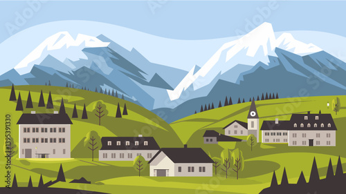 Scenic Mountain Village Landscape with Snow Peaks, Illustration, Alps
