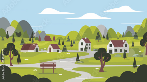 Idyllic Rural Landscape: Houses, Green Fields, and Distant Mountains Illustration