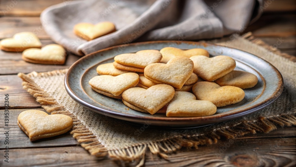 A plate of heart-shaped cookies on a rustic wooden table
