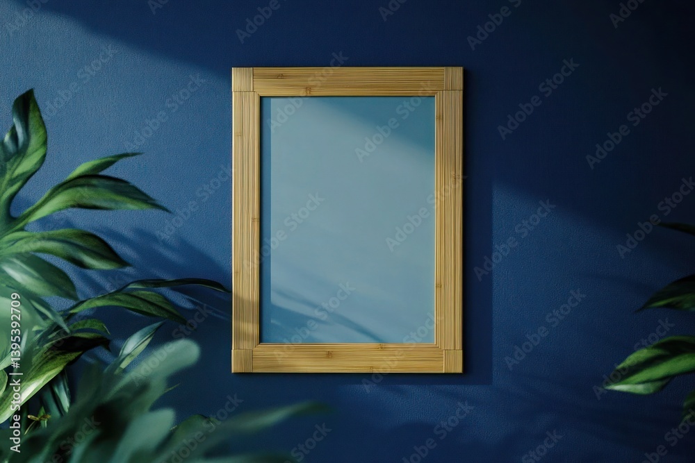 A rectangular bamboo frame with a natural grain finish, centered on a navy blue wall, embodying an earthy, eco-friendly aesthetic.