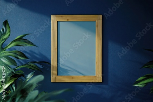 Obraz na płótnie A rectangular bamboo frame with a natural grain finish, centered on a navy blue wall, embodying an earthy, eco-friendly aesthetic. w salonie
