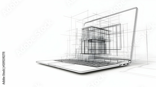 Abstract Line Art of Laptop with Geometric Wireframe Design