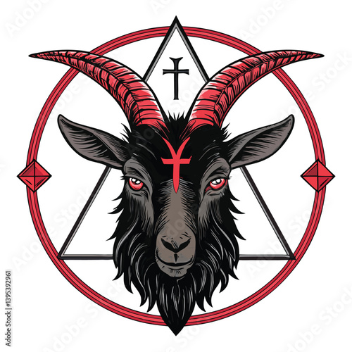 Create a hand-drawn vector illustration of a demonic goat head, emphasizing sharp horns and sinister details. Include intricate linework and shading for a menacing effect.