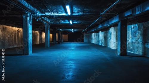 Blue Lit Underground Parking Garage