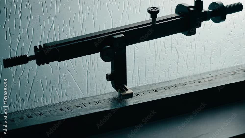 Close-up of a dark adjustable measuring instrument with a scale on a surface with textures in the background, low key lighting