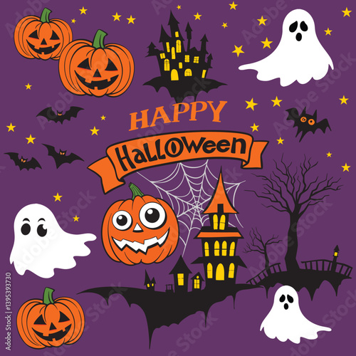 Vector Halloween with pumpkin, haunted house and bats