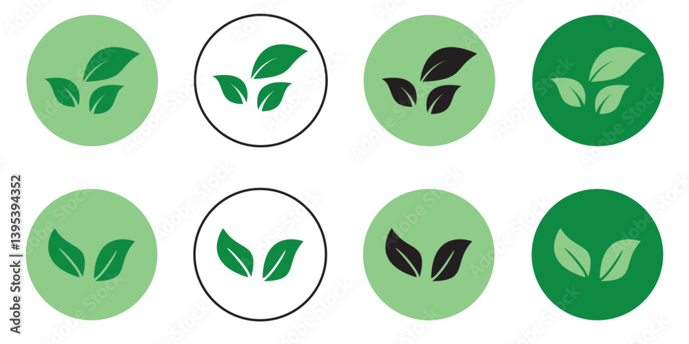 Set green leaves icon vector isolated on white background. Various shapes of green leaves of trees and plants.
